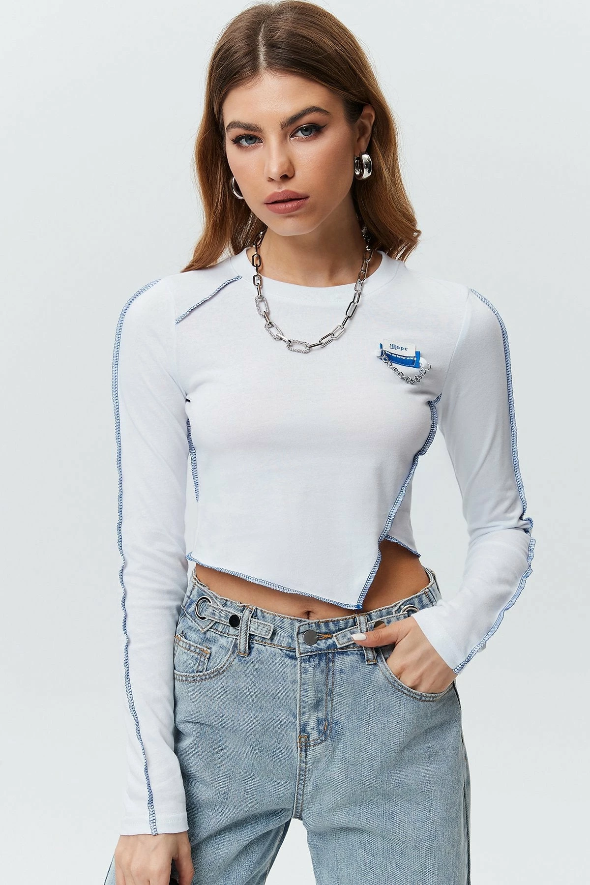 Solado Irregular Hem Stitched Trim Crop Long Sleeve Blouse Top 3 Solado Irregular Hem Stitched Trim Crop Long Sleeve Blouse Top