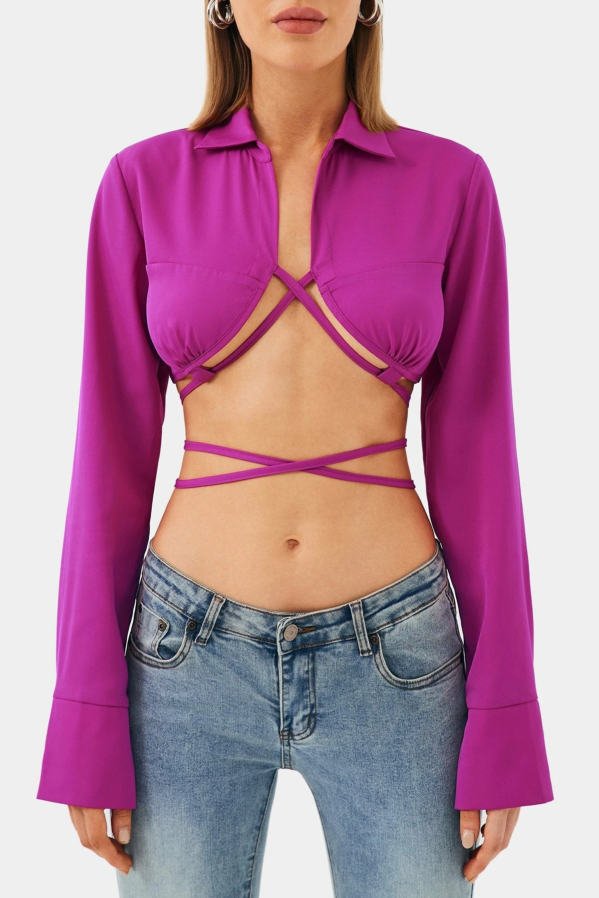 SOLADO Lapel Neck Cross Tie Long Sleeve Split Cuff Crop Top 8 SOLADO Lapel Neck Cross Tie Long Sleeve Split Cuff Crop Top - Image 6
