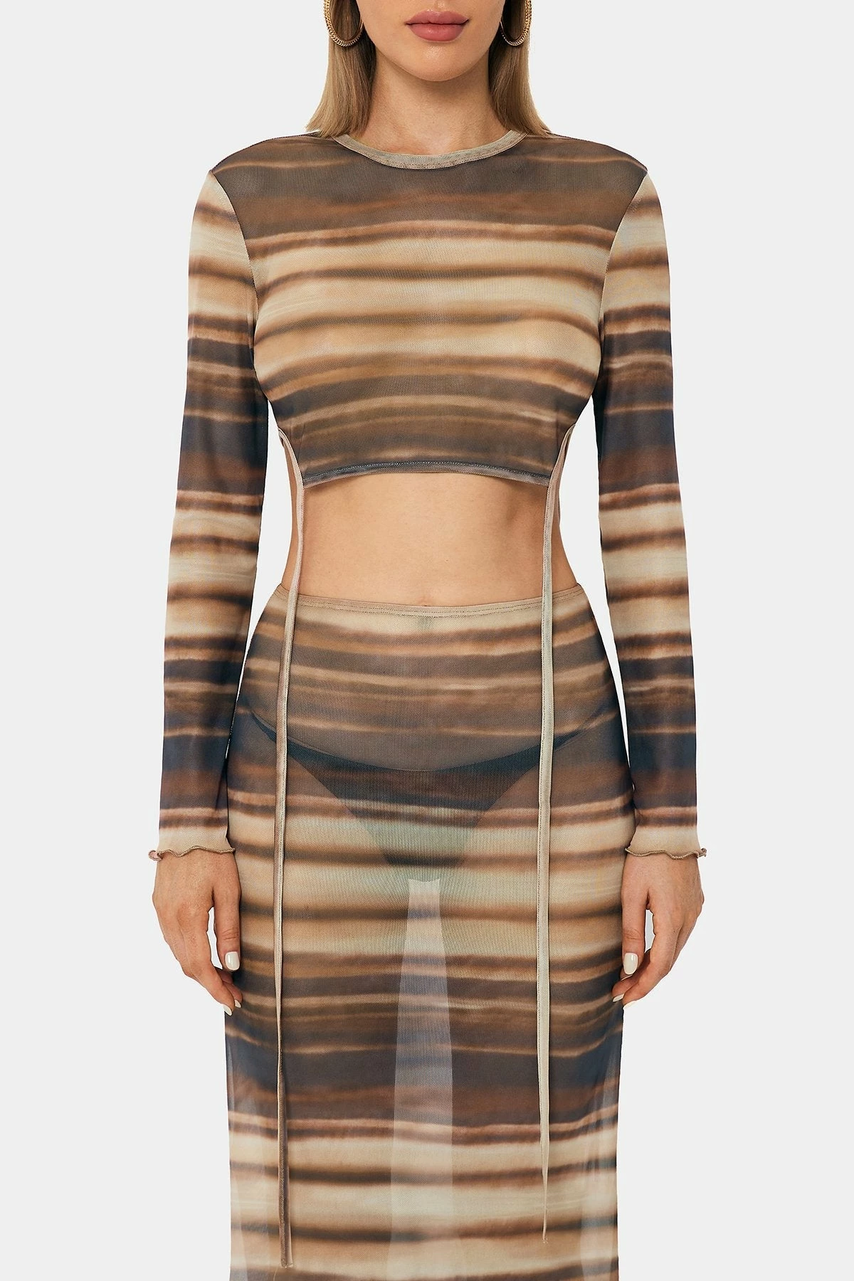 SOLADO Stripe Print Tie Detail Mesh Long Sleeve Top 8 SOLADO Stripe Print Tie Detail Mesh Long Sleeve Top - Image 6