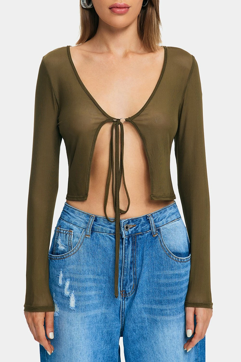 SOLADO Tie Front Split Hem Mesh Long Sleeve Top 8 SOLADO Tie Front Split Hem Mesh Long Sleeve Top - Image 6