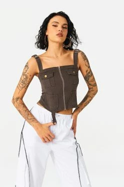 Solado Adjustable Strap Zipper Front Pocket Patched Crop Top