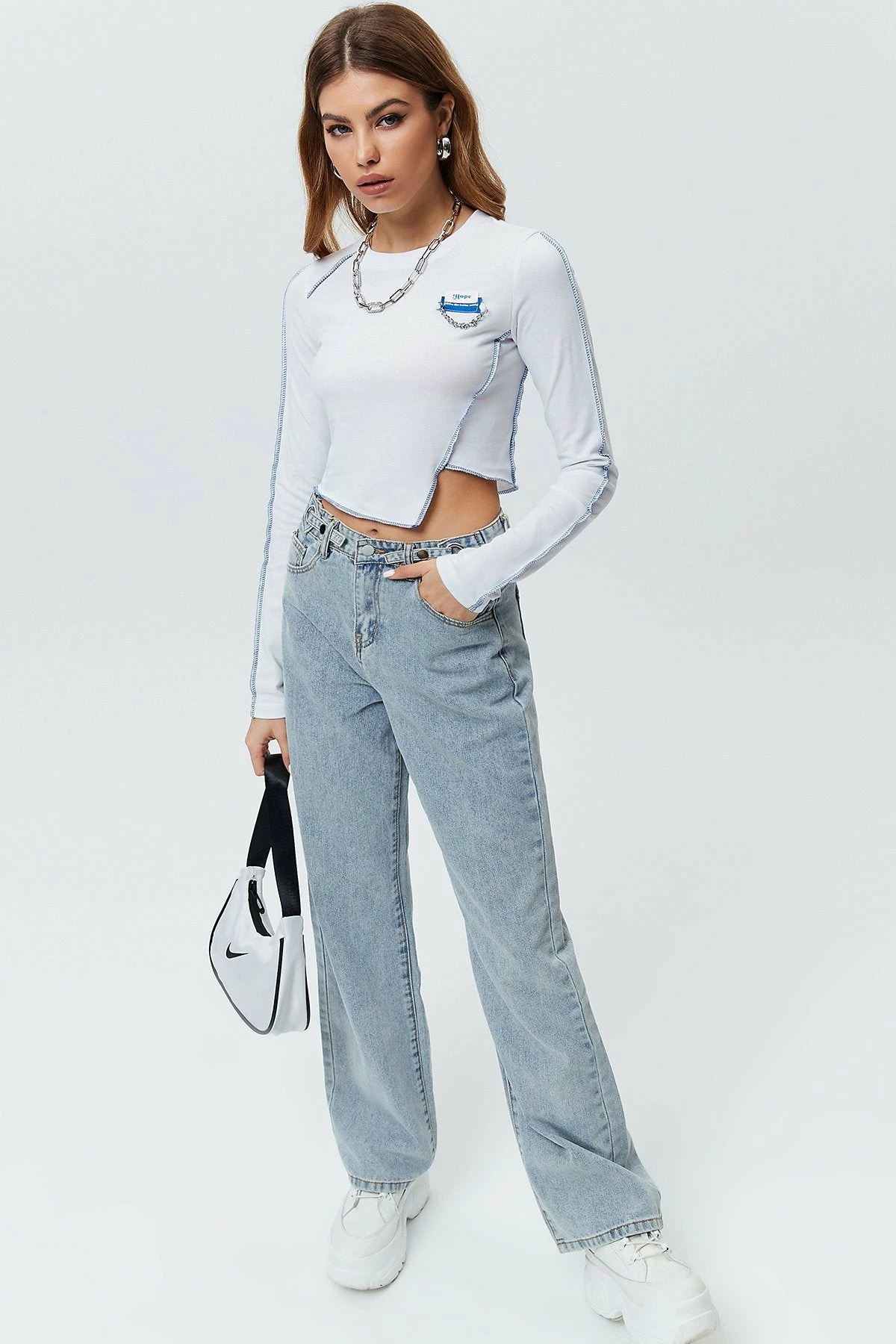 Solado Irregular Hem Stitched Trim Crop Long Sleeve Blouse Top 6 Solado Irregular Hem Stitched Trim Crop Long Sleeve Blouse Top - Image 4