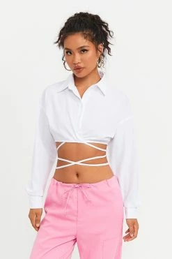 Alternative view of Solado Lapel Neck Cross Tie Detail Long Sleeve Crop Top