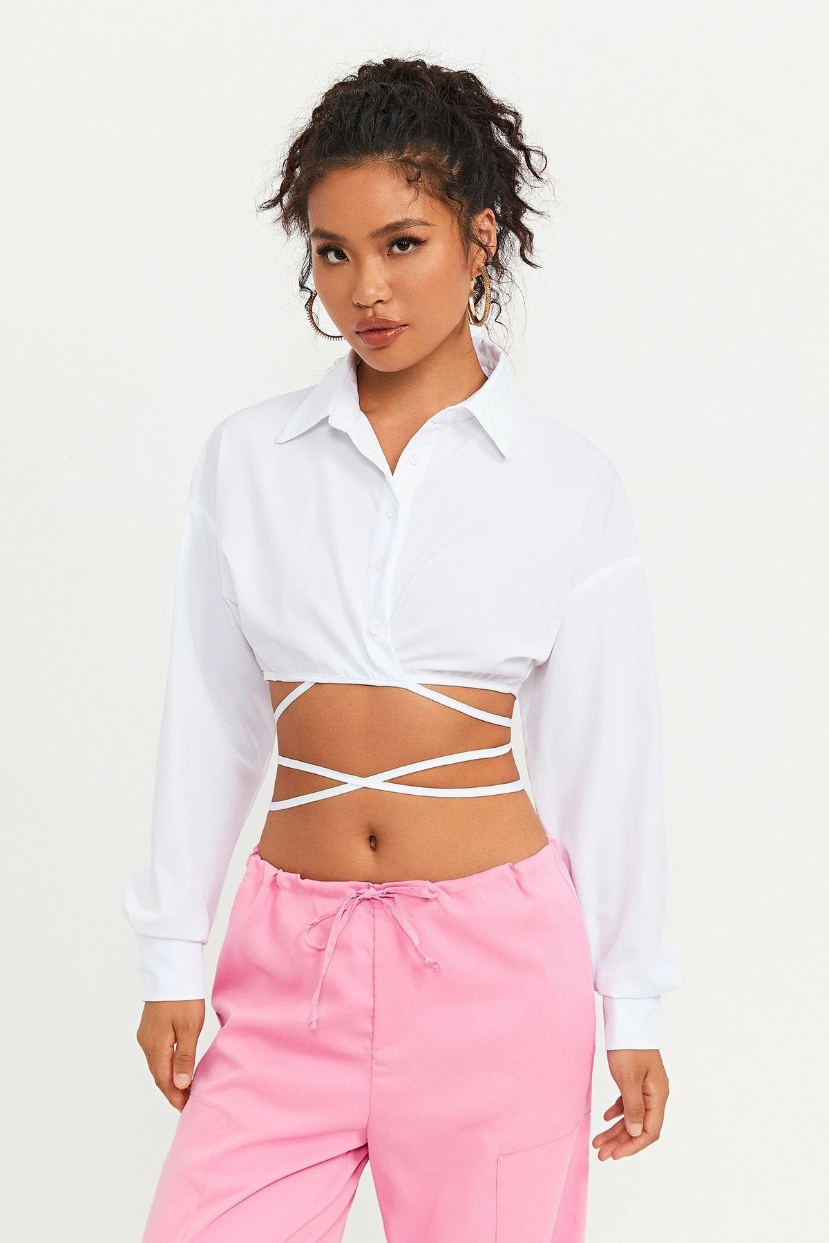 Solado Lapel Neck Cross Tie Detail Long Sleeve Crop Top 4 Solado Lapel Neck Cross Tie Detail Long Sleeve Crop Top - Image 2