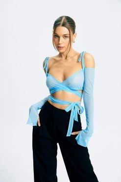 SOLADO Mesh Cold Shoulder Plunging Neck Cross Tie Crop Top