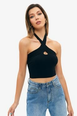 Solado Halter Neck Keyhole Ribbed Knit Backless Crop Top