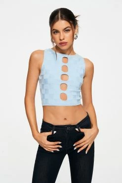 Solado Cut Out Check Textured Knitted Sleeveless Tank Top