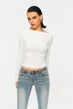 Solado Asymmetrical Neck Ruched Solid Long Sleeve Top