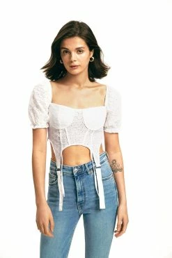 Alternative view of Solado Puff Sleeve Asymmetrical Hem Crochet Crop Top