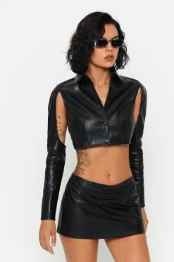 SOLADO Lapel Neck Cut Out PU Leather Long Sleeve Top