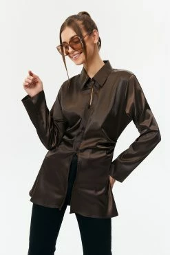 Solado Satin Button Front Ruched Long Sleeve Shirt