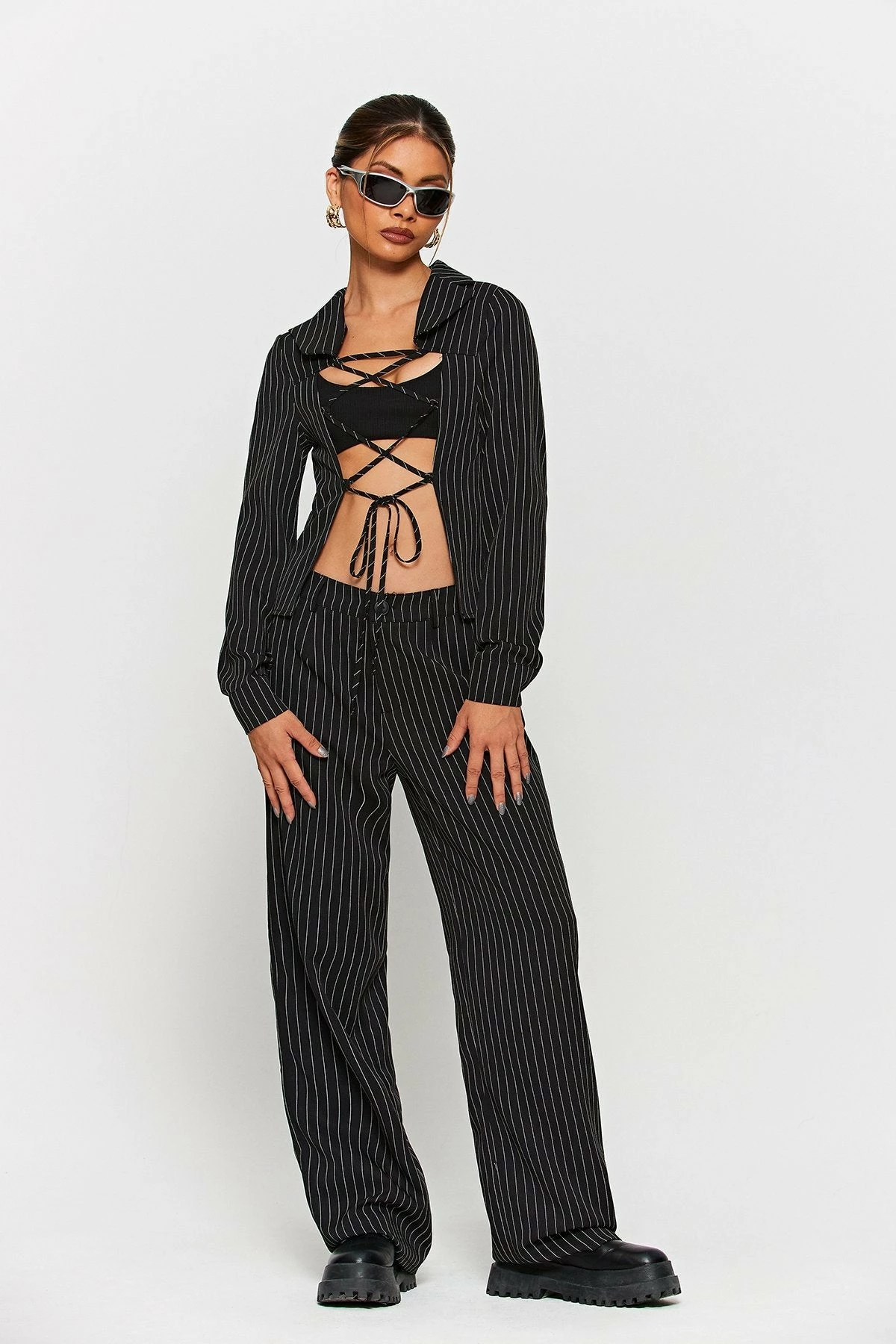 SOLADO Lapel Neck Stripe Print Lace Up Shirt Without Underwear 5 SOLADO Lapel Neck Stripe Print Lace Up Shirt Without Underwear - Image 3