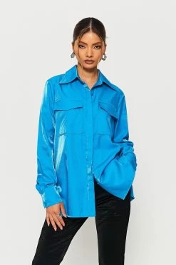 SOLADO Lapel Neck Pocket Patched Draped Long Sleeve Top