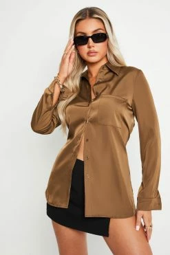 SOLADO Satin Pocket Patched Open Back Long Sleeve Top