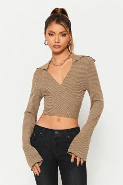 SOLADO Plunging Neck Wrap Hem Flared Sleeve Crop Top