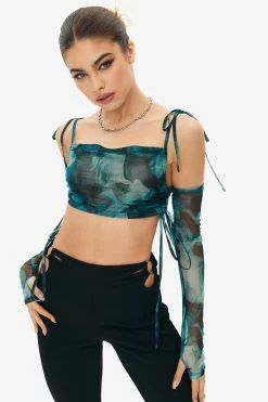 SOLADO Mesh Tie Dye Backless Crop Top With Oversleeve