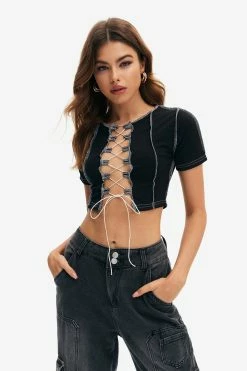 Solado Lace Up Short Sleeve Seam Detail Crop Top