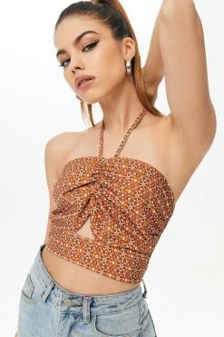 Solado Floral Print Cut Out Drawstring Ruched Crop Top