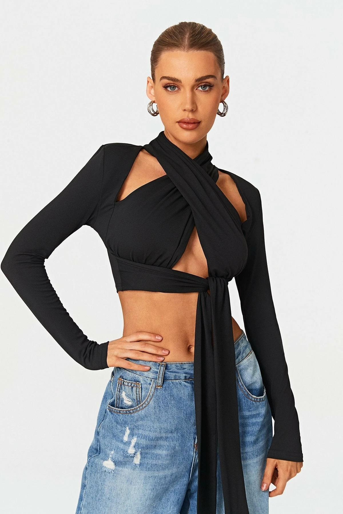SOLADO Cross Wrap Tie Detail Backless Long Sleeve Top 3 SOLADO Cross Wrap Tie Detail Backless Long Sleeve Top