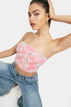 Alternative view of Solado Gradient 3D Flower Mesh Tube Shirred Crop Top