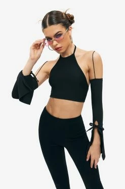 SOLADO Halter Neck Flared Sleeve Tie Backless Crop Top