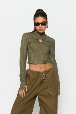 SOLADO Mock Neck O-Ring Front Thumb Hole Long Sleeve Top
