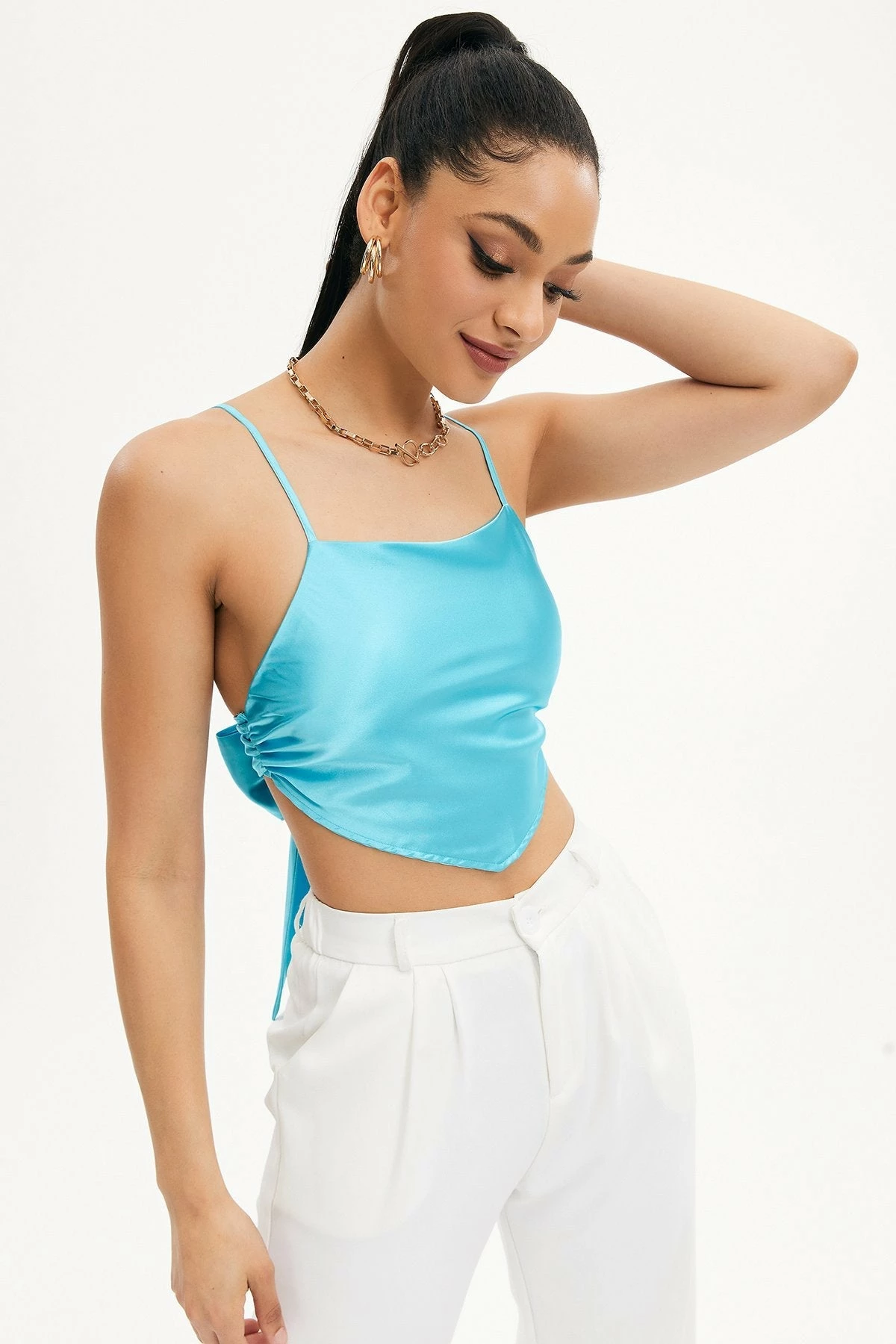 Solado Satin Tie Back Hanky Hem Cami Crop Top 8 Solado Satin Tie Back Hanky Hem Cami Crop Top - Image 6