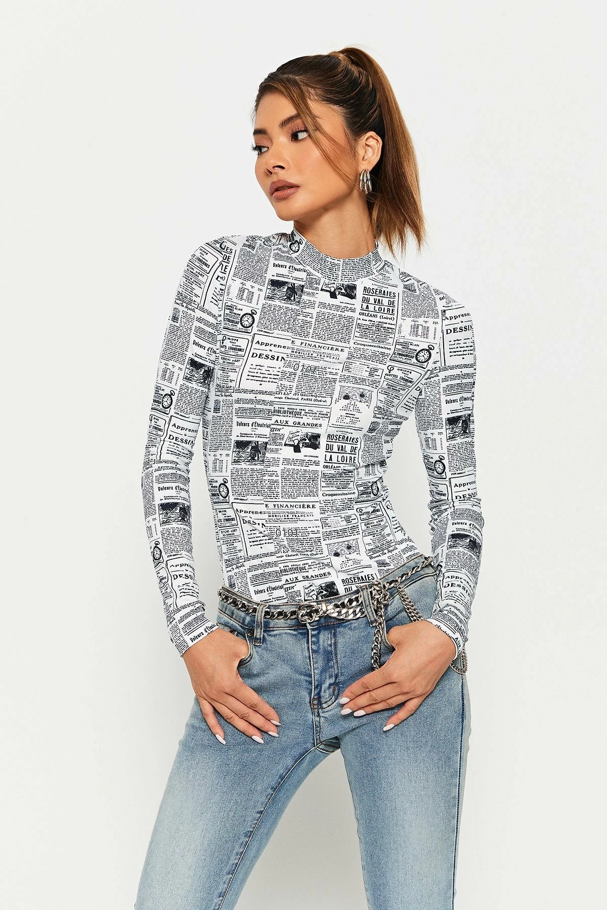 SOLADO Mock Neck Newspaper Print Long Sleeve Top 3 SOLADO Mock Neck Newspaper Print Long Sleeve Top