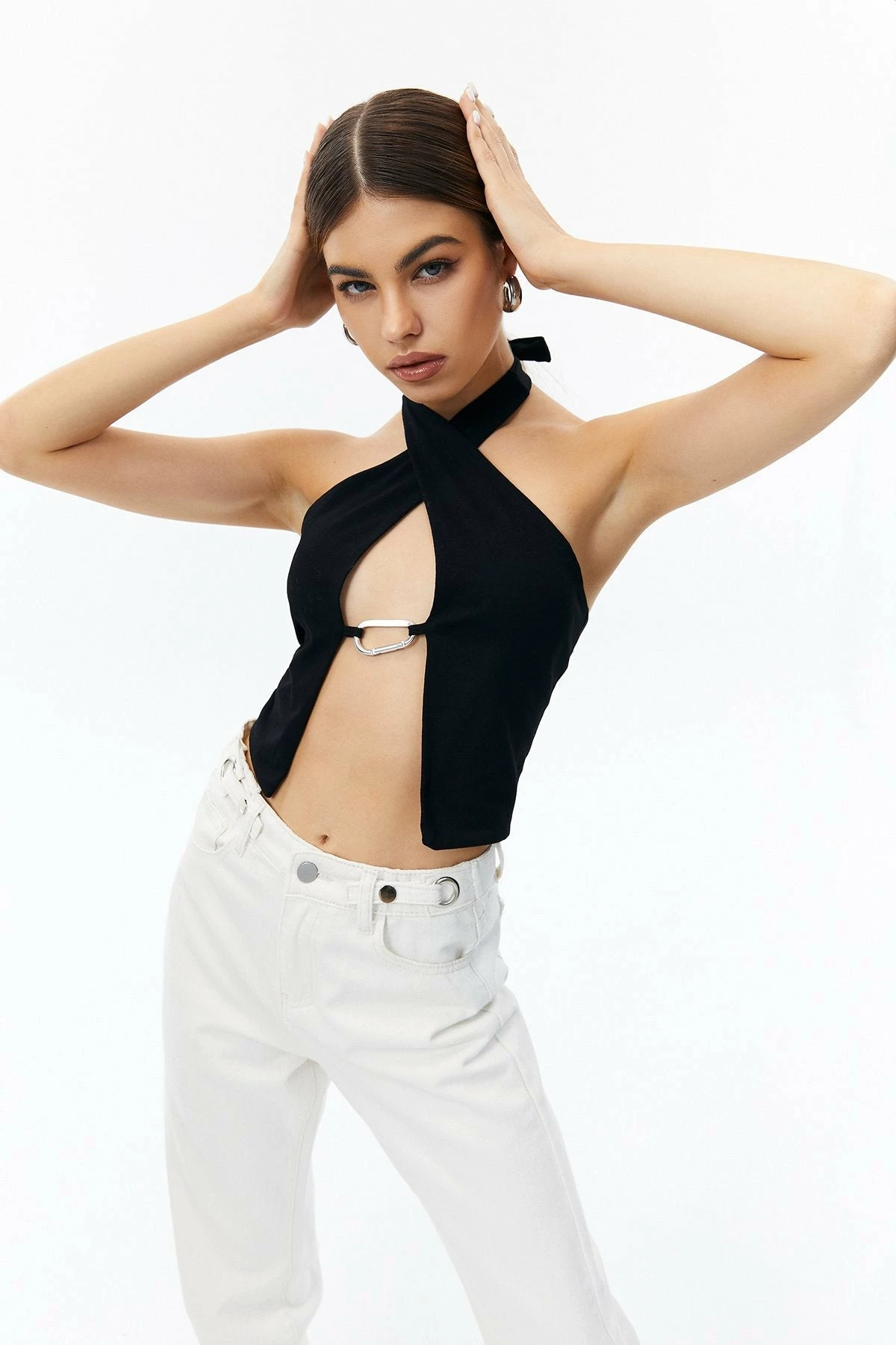 Solado Solid Halter Neck Metallic Buckle Crop Top 5 Solado Solid Halter Neck Metallic Buckle Crop Top - Image 3