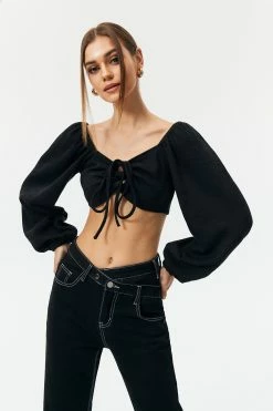 Solado Puff Sleeve Drawstring Ruched Long Sleeve Top