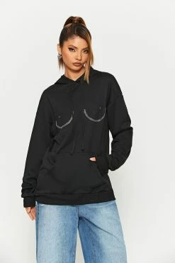 Solado Rhinestone Decor Kangaroo Pocket Long Sleeve Hoodie