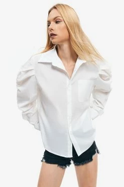 Solado Single Breasted Lapel Neck Solid Puff Sleeve Shirt