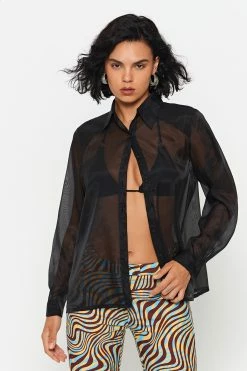 SOLADO Lapel Neck Mesh Long Sleeve Shirt Without Bra
