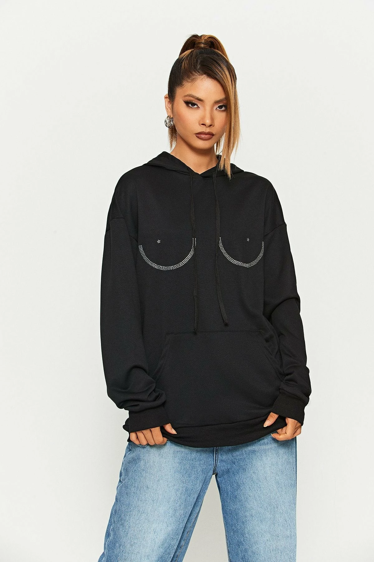 Solado Rhinestone Decor Kangaroo Pocket Long Sleeve Hoodie 4 Solado Rhinestone Decor Kangaroo Pocket Long Sleeve Hoodie - Image 2