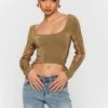 SOLADO U Neck Lace Up Knitted Long Sleeve Crop Top