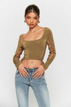 SOLADO U Neck Lace Up Knitted Long Sleeve Crop Top