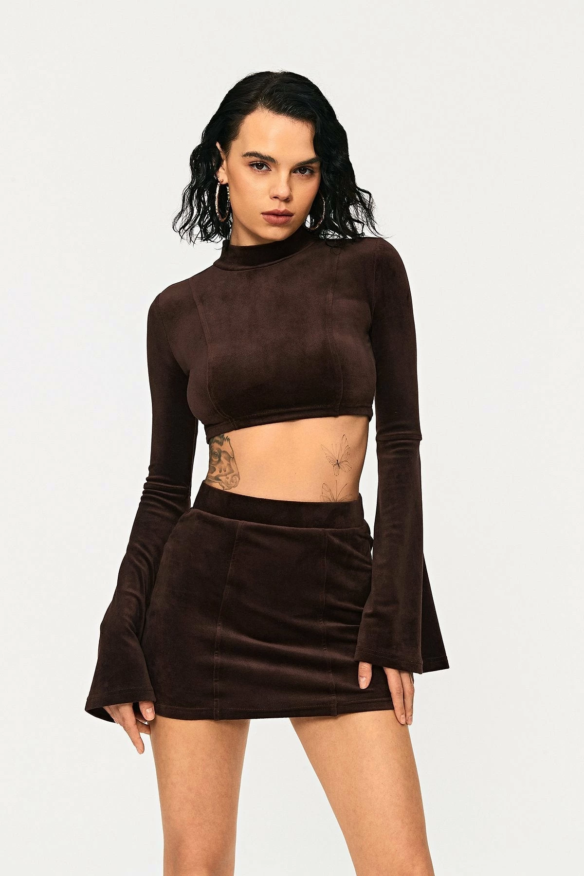 SOLADO Velvet Mock Neck Flared Sleeve Crop Top 4 SOLADO Velvet Mock Neck Flared Sleeve Crop Top - Image 2