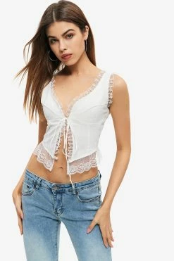 Solado Lace Trim Tie Front Sleeveless Crop Top
