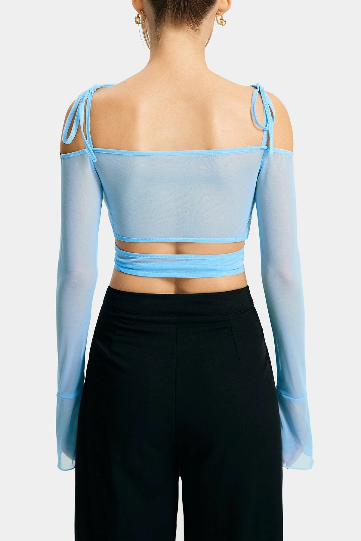 SOLADO Mesh Cold Shoulder Plunging Neck Cross Tie Crop Top 9 SOLADO Mesh Cold Shoulder Plunging Neck Cross Tie Crop Top - Image 7