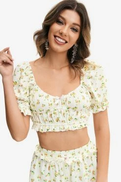 Solado Floral Print Puff Sleeve Crop Top