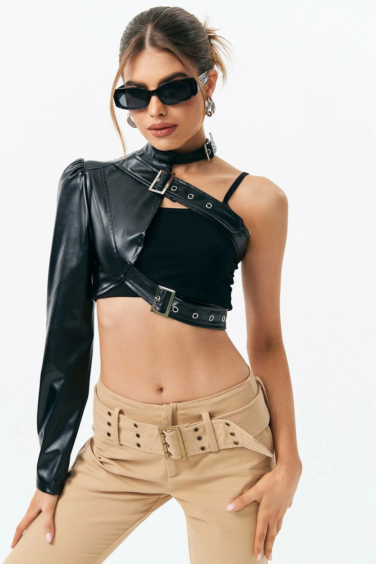 Solado Asymmetric Buckled Detail Leather Crop Top 3 Solado Asymmetric Buckled Detail Leather Crop Top
