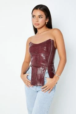 SOLADO Zipper Decor Asymmetrical Hem PU Leather Corset Top