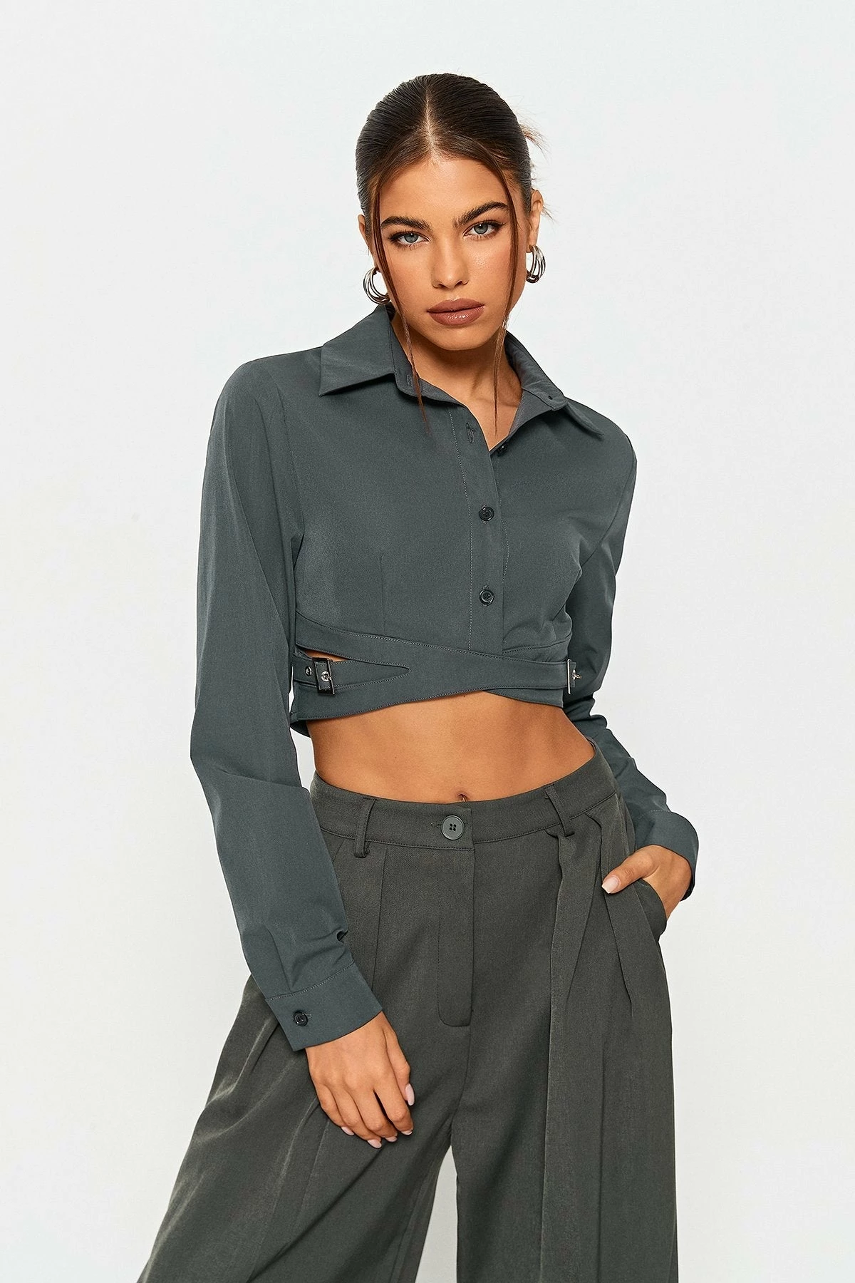 SOLADO Buckled Decor Cinched Waist Long Sleeve Shirt 3 SOLADO Buckled Decor Cinched Waist Long Sleeve Shirt