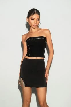 SOLADO Off Shoulder Rhinestone Decor Zipper Back Corset Top