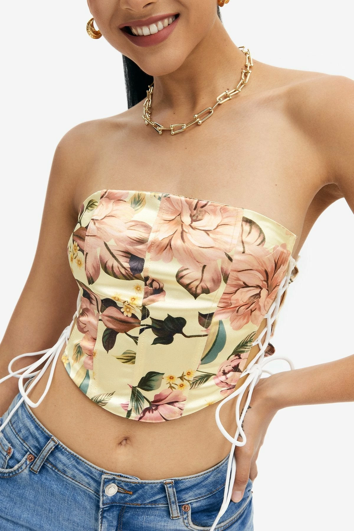 Solado Satin Floral Print Lace Up Tube Corset Top 7 Solado Satin Floral Print Lace Up Tube Corset Top - Image 5