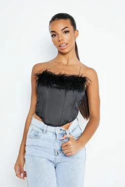 Solado Feather Trim Curved Hem Boning Tube Tank Top