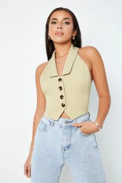 Solado Halter Neck Button Front Asymmetrical Hem Tank Top
