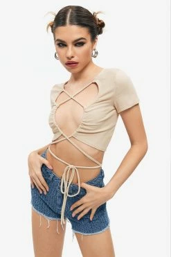 Solado Cut Out Cross Tie Front Short Sleeve Crop Top