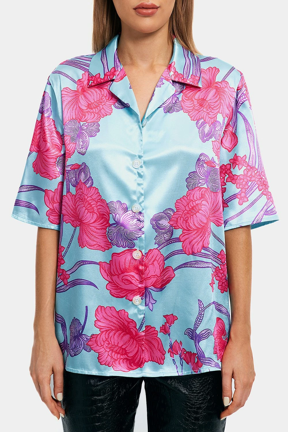 SOLADO Satin Flower Print Lapel Neck Short Sleeve Shirt 8 SOLADO Satin Flower Print Lapel Neck Short Sleeve Shirt - Image 6