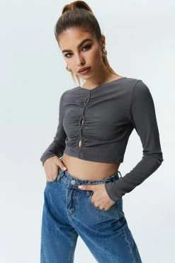 Solado Solid Cut Out Crop Long Sleeve Top